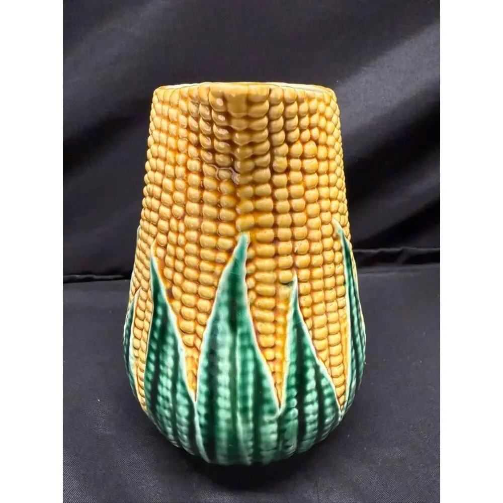 Vintage corn & husk pitcher ceramic majolica style portugal 8 inch yellow green